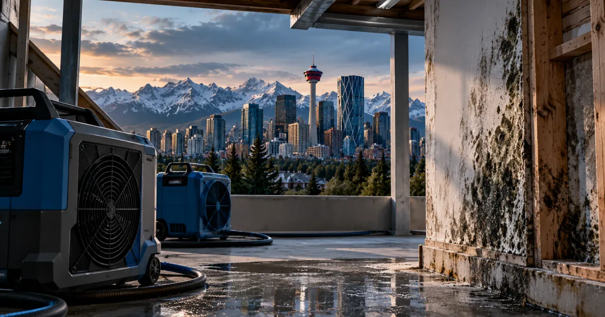 Dehumidifiers and air scrubbers drying a mould-stained basement wall, with the Calgary skyline behind